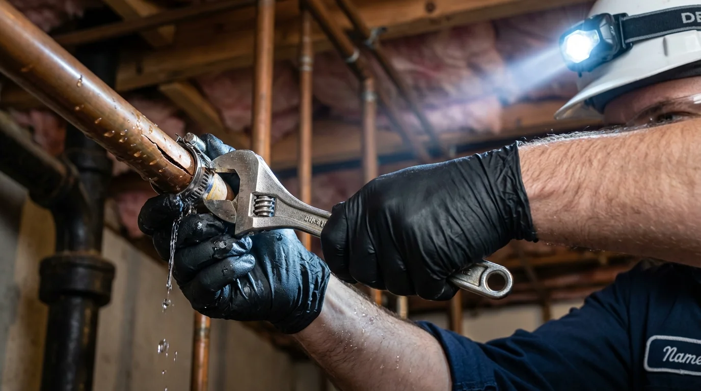Emergency pipe clamp repair being performed by a Johns Plumbing LLC plumber in Edmonds