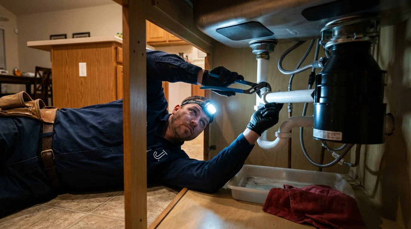 P-trap and supply line connections under a kitchen sink showing a common leak point in Edmonds, WA